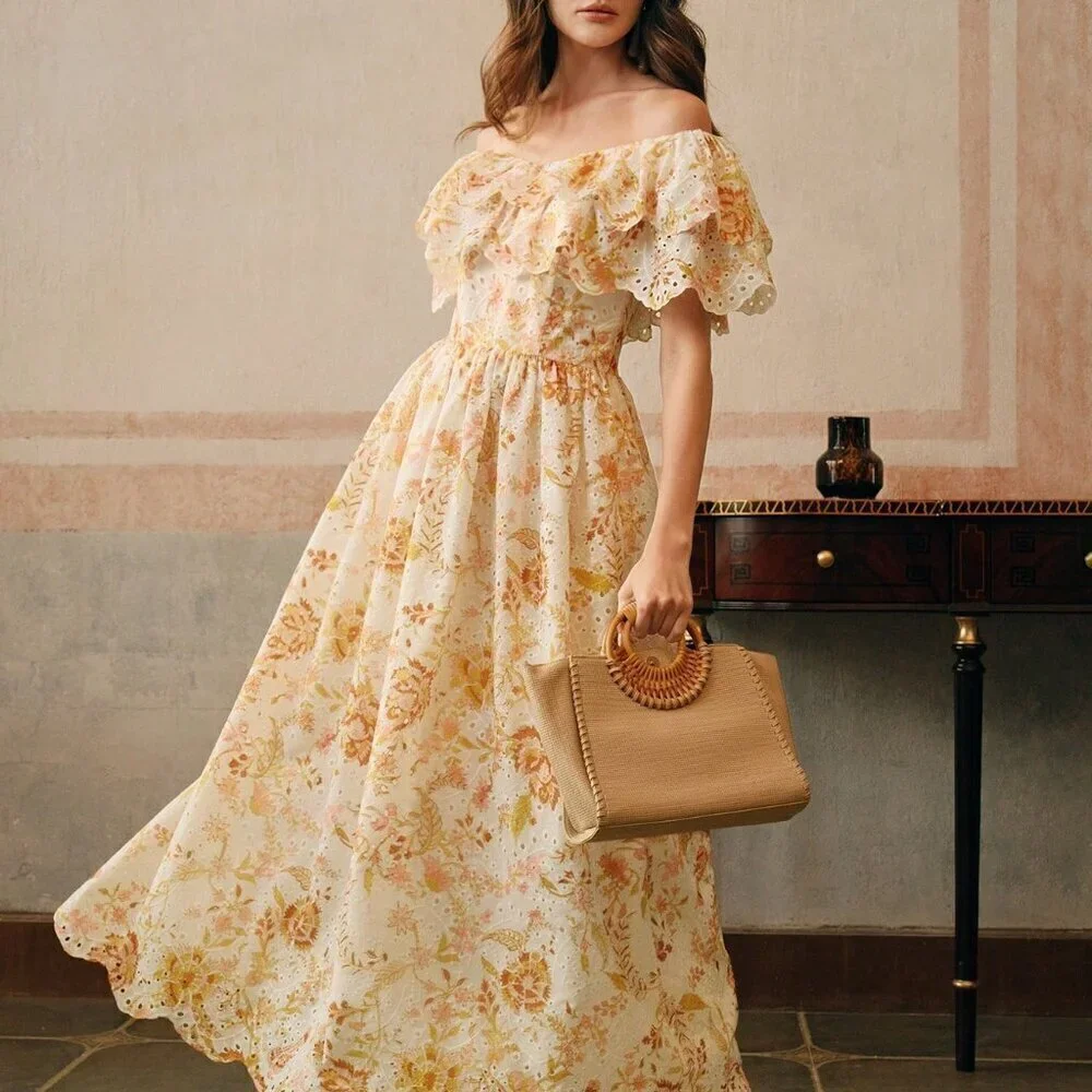 Multicolor Elegant Women's Off Shoulder Ruffled Floral Embroidered Dress